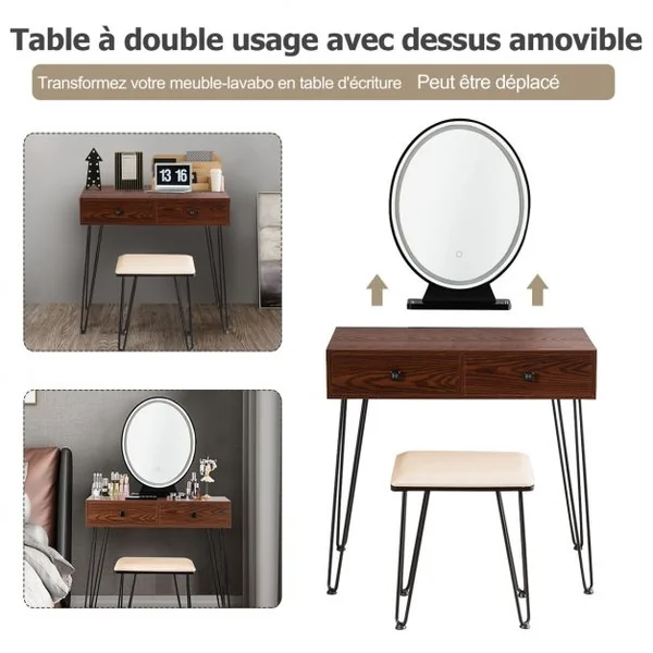 Coiffeuse Table de Maquillage avec 1 Miroir Tactile à LED Choix d’Eclairage 3 Couleurs de Style Industriel Brun Rustique