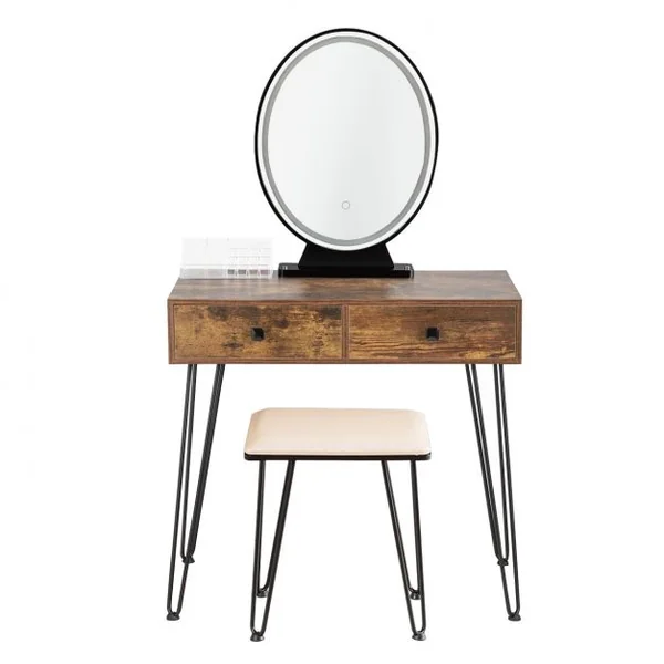 Coiffeuse Table de Maquillage avec 1 Miroir Tactile à LED Choix d’Eclairage 3 Couleurs de Style Industriel Marron