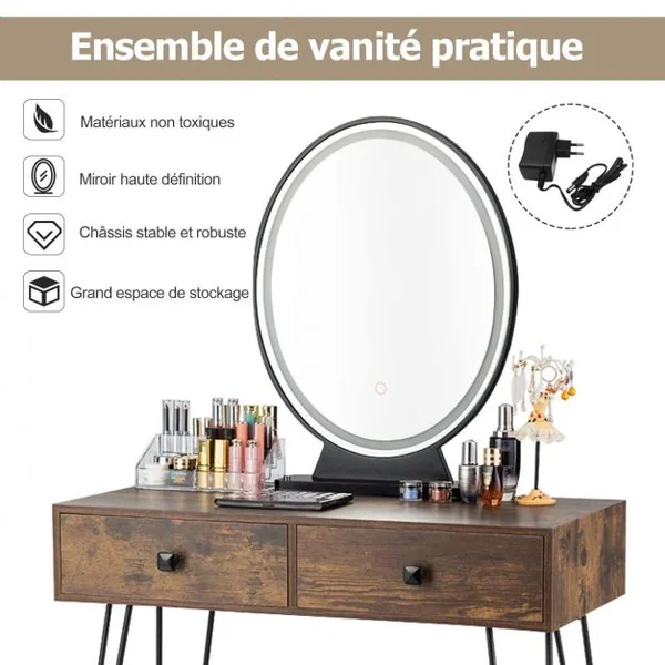 Coiffeuse Table de Maquillage avec 1 Miroir Tactile à LED Choix d’Eclairage 3 Couleurs de Style Industriel Marron