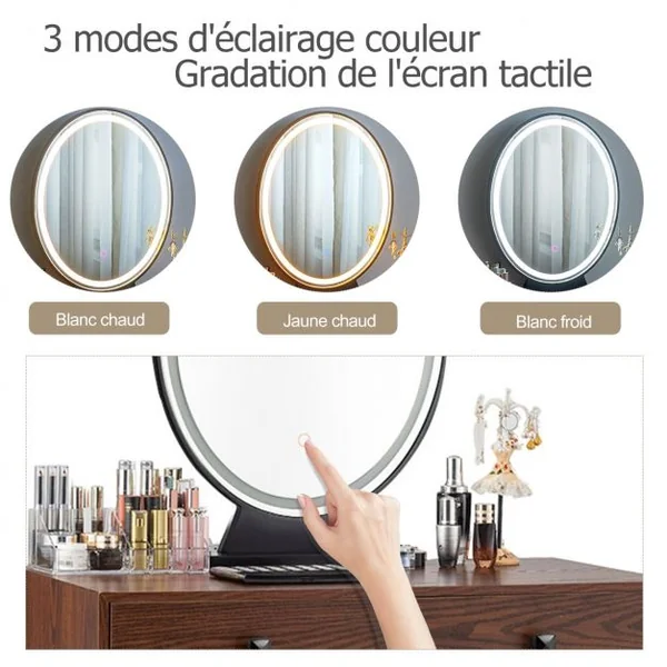 Coiffeuse Table de Maquillage avec 1 Miroir Tactile à LED Choix d’Eclairage 3 Couleurs de Style Industriel Marron