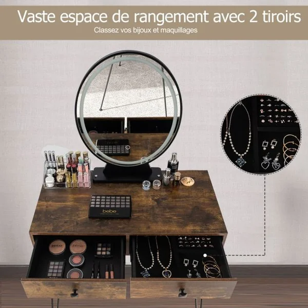 Coiffeuse Table de Maquillage avec 1 Miroir Tactile à LED Choix d’Eclairage 3 Couleurs de Style Industriel Marron