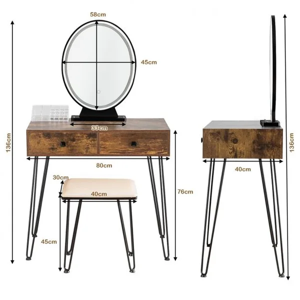 Coiffeuse Table de Maquillage avec 1 Miroir Tactile à LED Choix d’Eclairage 3 Couleurs de Style Industriel Marron