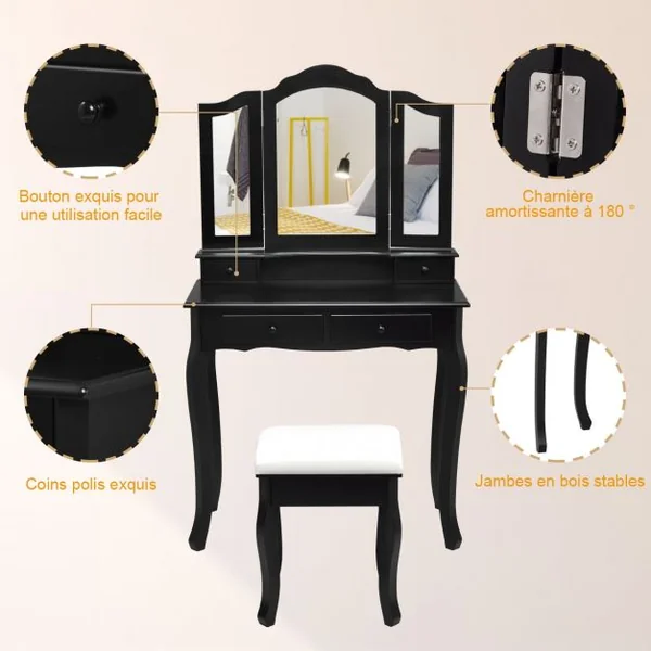 Coiffeuse Table de Maquillage avec 3 Miroirs Tournable Tabouret et 4 Tiroirs 80 x 40,5 x 137cm