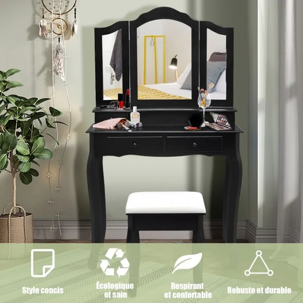 Coiffeuse Table de Maquillage avec 3 Miroirs Tournable Tabouret et 4 Tiroirs 80 x 40,5 x 137cm
