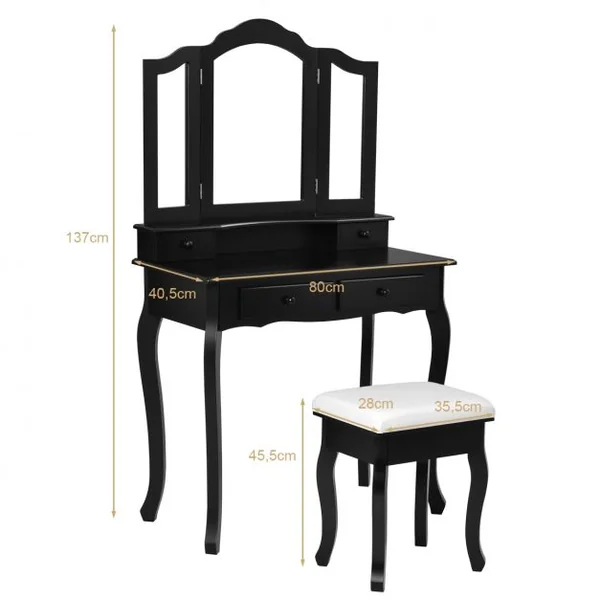 Coiffeuse Table de Maquillage avec 3 Miroirs Tournable Tabouret et 4 Tiroirs 80 x 40,5 x 137cm
