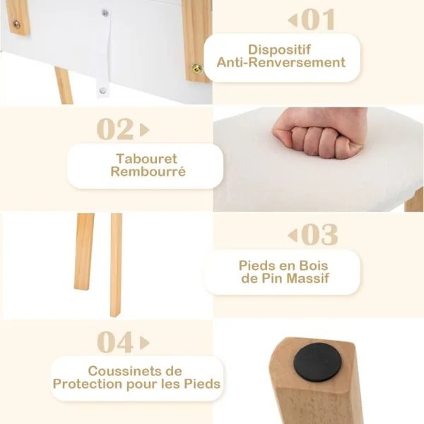 Coiffeuse Table de Maquillage à 2 Niveaux avec 3 Tiroirs 1 Miroir Hauteur Réglable et 1 Tabouret Rembourré