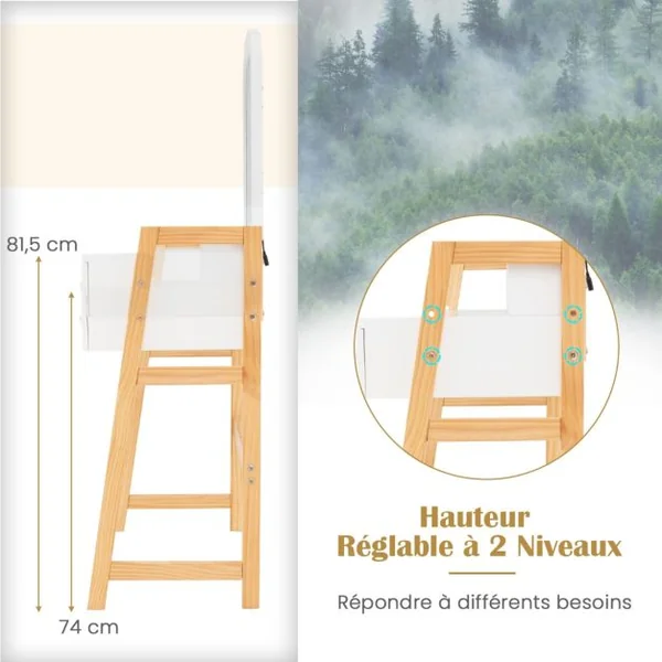 Coiffeuse Table de Maquillage à 2 Niveaux avec 3 Tiroirs 1 Miroir Hauteur Réglable et 1 Tabouret Rembourré