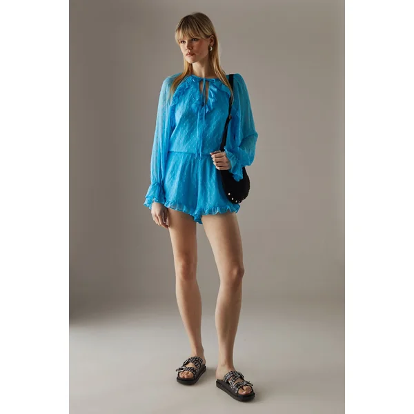 Combi-short Blouson en Mousseline Dobby Marbrée à Volants