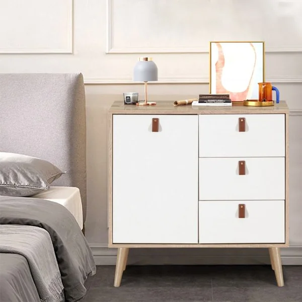 Commode avec 3 Tiroirs et 1 Porte pour Chambre Style Scandinave Capacité 25kg en Mdf 80x39,5x80,4cm Blanc et Naturel
