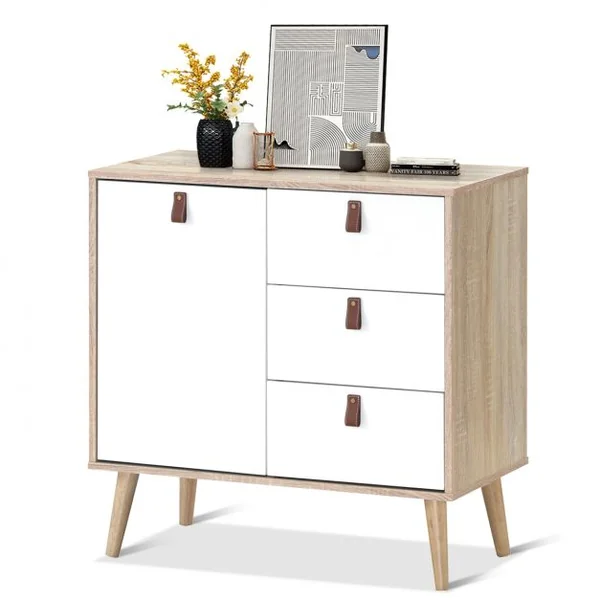 Commode avec 3 Tiroirs et 1 Porte pour Chambre Style Scandinave Capacité 25kg en Mdf 80x39,5x80,4cm Blanc et Naturel