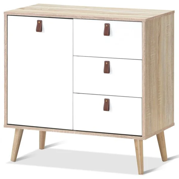 Commode avec 3 Tiroirs et 1 Porte pour Chambre Style Scandinave Capacité 25kg en Mdf 80x39,5x80,4cm Blanc et Naturel