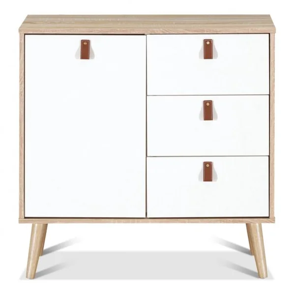 Commode avec 3 Tiroirs et 1 Porte pour Chambre Style Scandinave Capacité 25kg en Mdf 80x39,5x80,4cm Blanc et Naturel