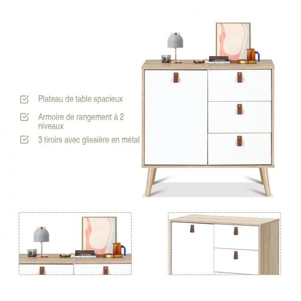 Commode avec 3 Tiroirs et 1 Porte pour Chambre Style Scandinave Capacité 25kg en Mdf 80x39,5x80,4cm Blanc et Naturel