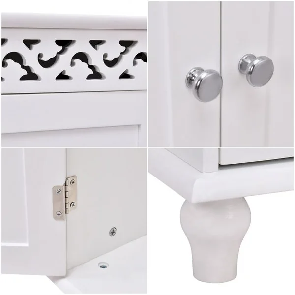Commode de salle de bain Armoire de rangement Buffet avec ornementation sculptée en MDF, 60x34,5x76,5cm, Blanc