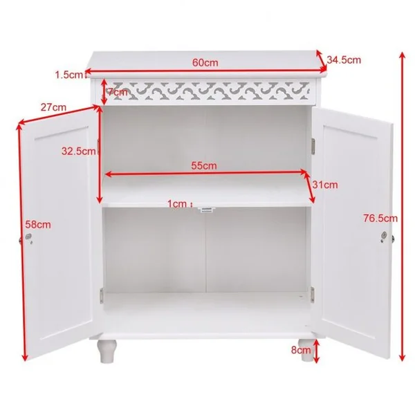 Commode de salle de bain Armoire de rangement Buffet avec ornementation sculptée en MDF, 60x34,5x76,5cm, Blanc