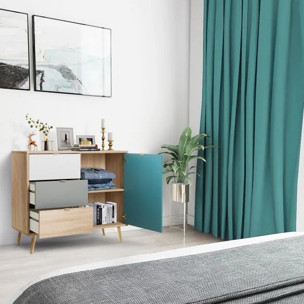 Commode en bois Meuble de Rangement de Style Scandinave avec 3 Tiroirs et 1 Armoire Latérale