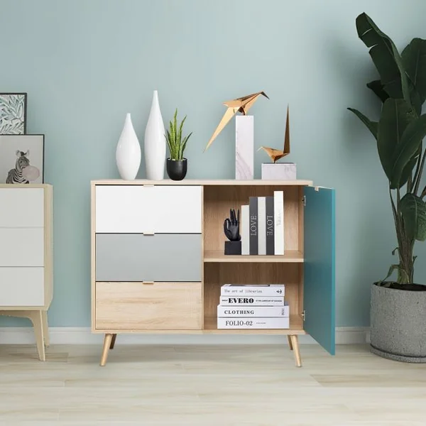 Commode en bois Meuble de Rangement de Style Scandinave avec 3 Tiroirs et 1 Armoire Latérale