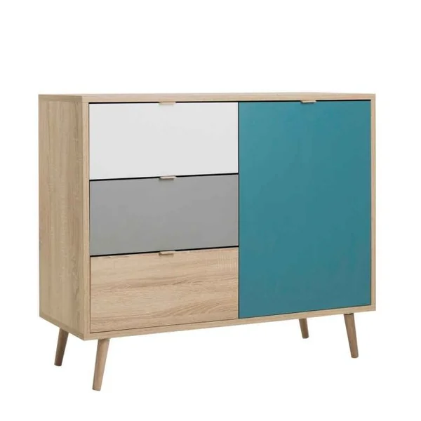 Commode en bois Meuble de Rangement de Style Scandinave avec 3 Tiroirs et 1 Armoire Latérale