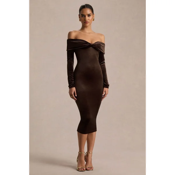 Compliment | Robe mi-longue en velours marron à encolure bardot