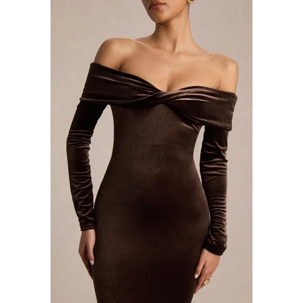 Compliment | Robe mi-longue en velours marron à encolure bardot