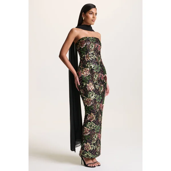 Cora | Robe longue en tulle orné motif floral hivernal à encolure bandeau et détail foulard