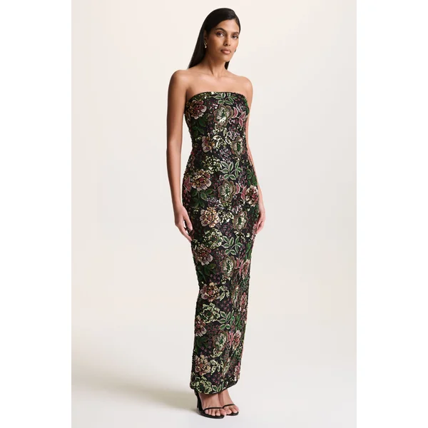 Cora | Robe longue en tulle orné motif floral hivernal à encolure bandeau et détail foulard