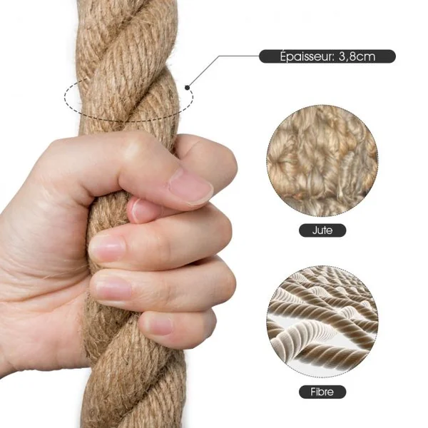 Corde de Chanvre 6M Diamètre de 38MM Corde de Sport en Jute Poignées en Caoutchouc