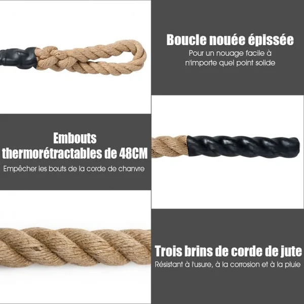 Corde de Chanvre 9M Diamètre de 38MM Corde de Sport en Jute Poignées en Caoutchouc