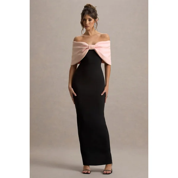 Cornelia | Robe Longue Sans Bretelles Rose et Noire avec Nœud Oversize