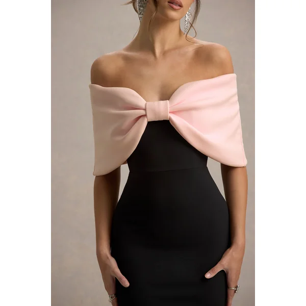 Cornelia | Robe Longue Sans Bretelles Rose et Noire avec Nœud Oversize