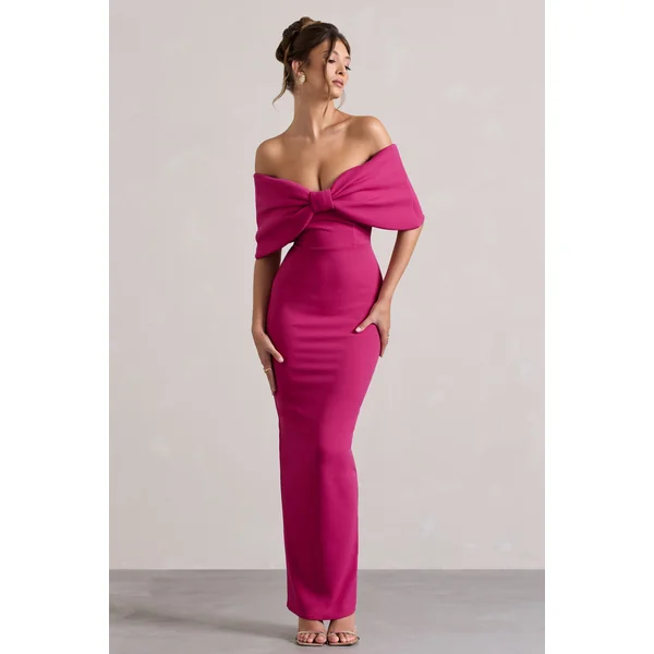 Cornelia | Robe longue sans bretelles rose vif avec un nœud surdimentionné