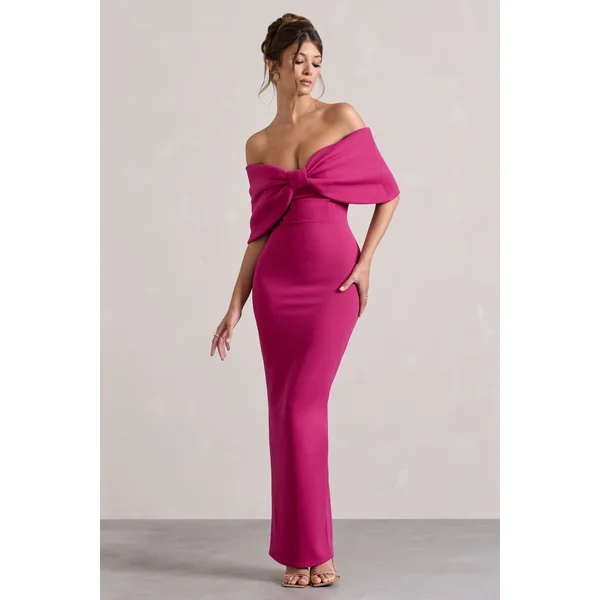 Cornelia | Robe longue sans bretelles rose vif avec un nœud surdimentionné