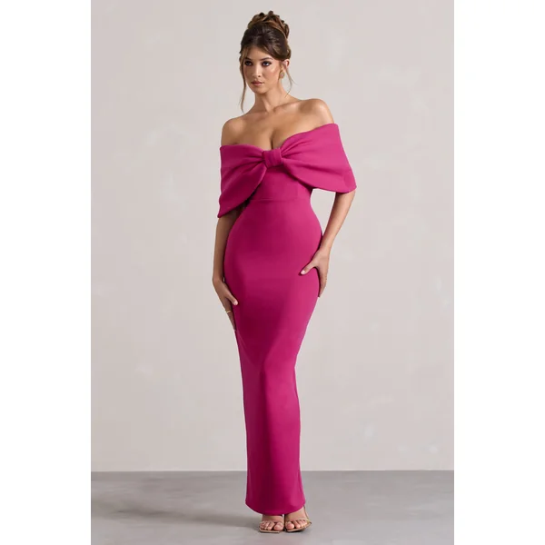 Cornelia | Robe longue sans bretelles rose vif avec un nœud surdimentionné