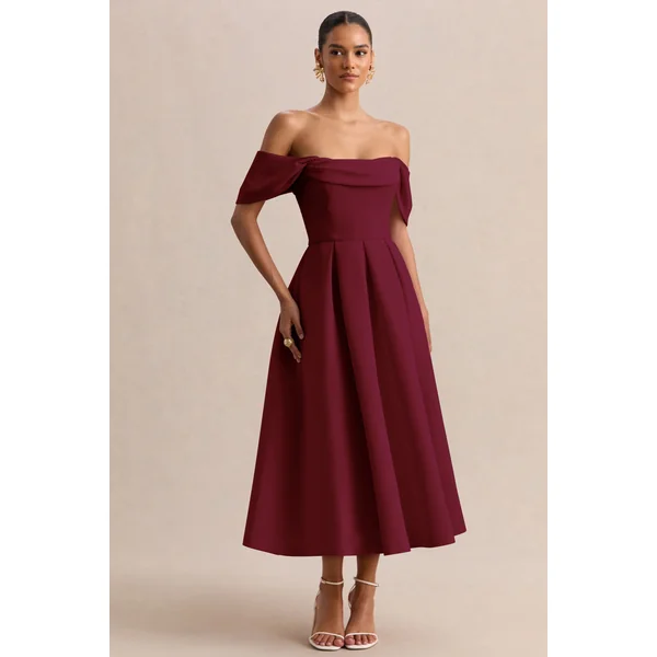 Cosima | Robe mi-longue bordeaux à encolure Bardot