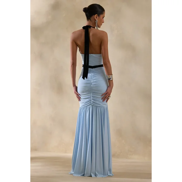 Cosmina | Robe longue bleu poudré à encolure plongeante avec détail nœud