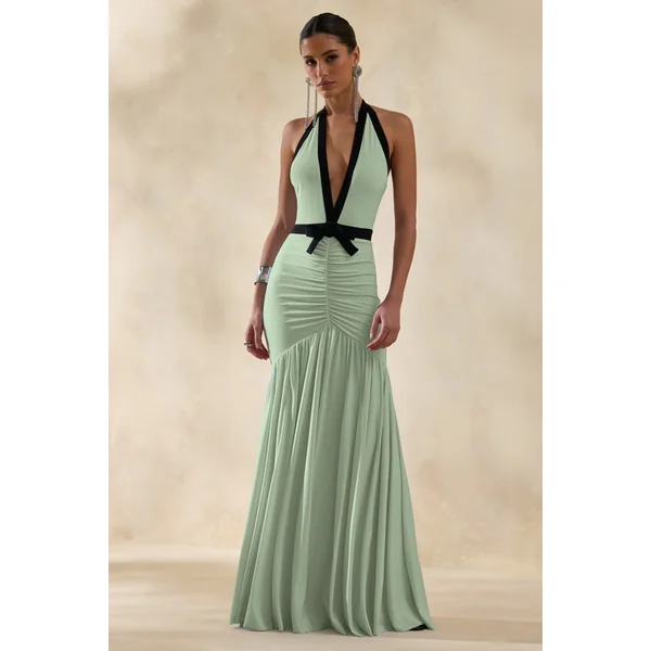 Cosmina | Robe longue menthe à décolleté plongeant avec détail nœud