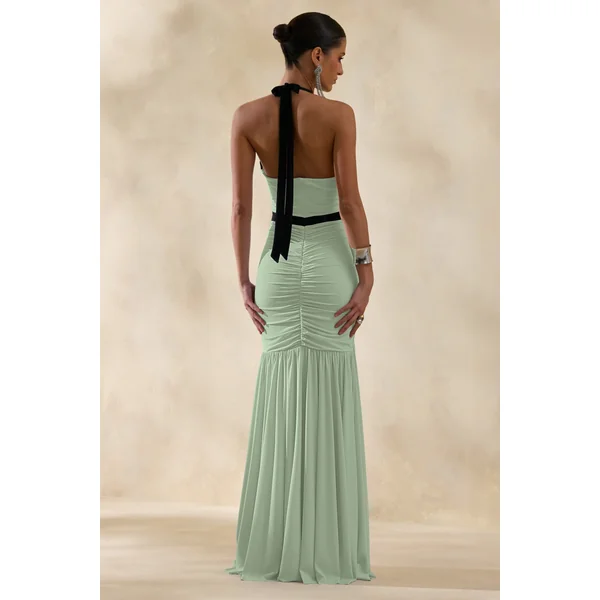 Cosmina | Robe longue menthe à décolleté plongeant avec détail nœud