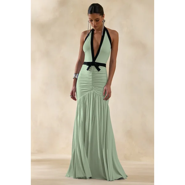 Cosmina | Robe longue menthe à décolleté plongeant avec détail nœud