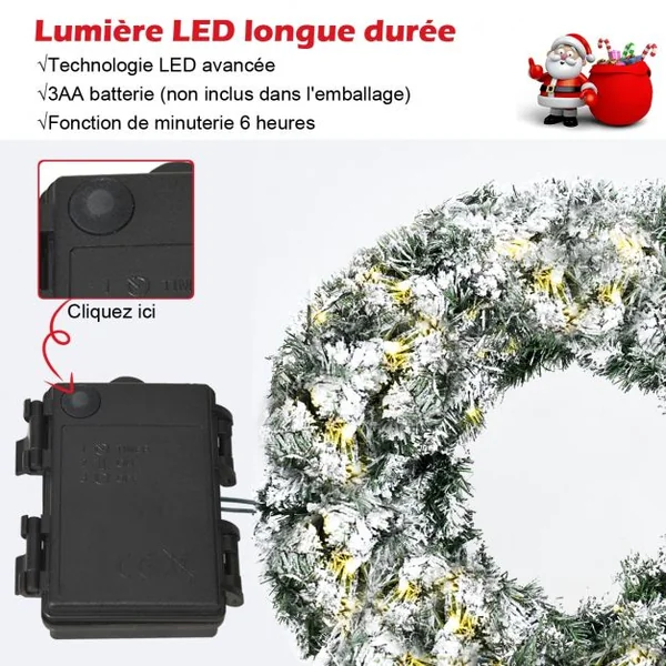 Couronne de Noël Décorative avec 50 Lumières Led Batterie Sans Fil en Pvc et Métal 60x183cm Blanc et Vert