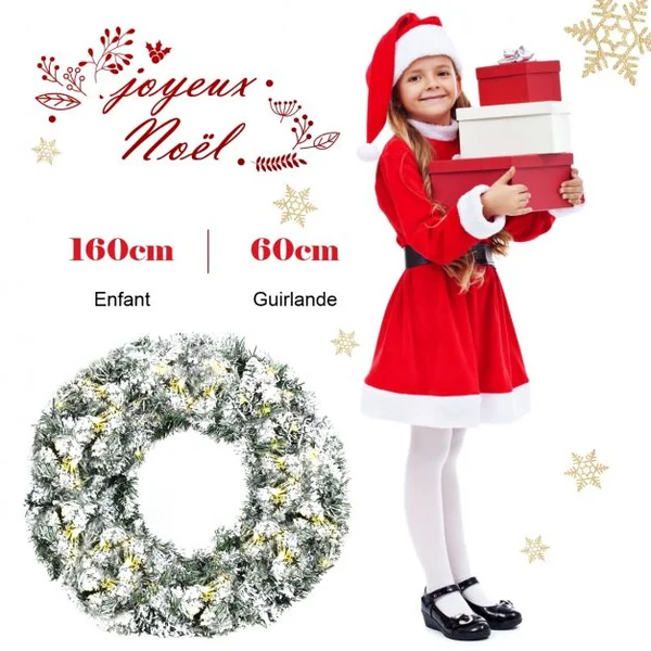 Couronne de Noël Décorative avec 50 Lumières Led Batterie Sans Fil en Pvc et Métal 60x183cm Blanc et Vert