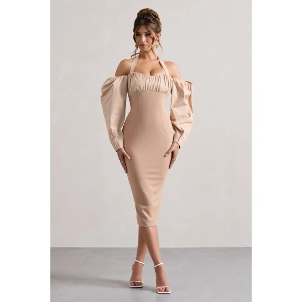 Couture Client | Robe mi-longue champagne à dos nu et manches bouffantes