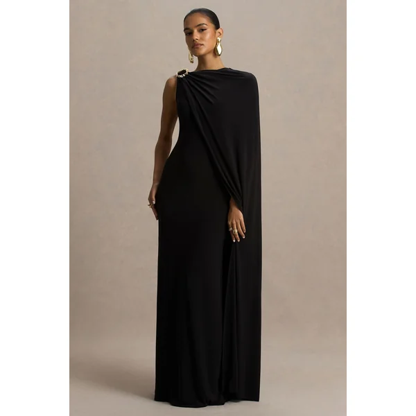 Cressida | Robe longue noire à encolure asymétrique avec cape