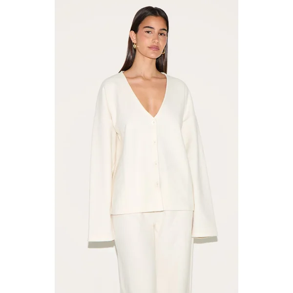 Crème Cardigan Côtelé Brossé Épais À Col V Et Boutons