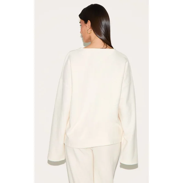 Crème Cardigan Côtelé Brossé Épais À Col V Et Boutons