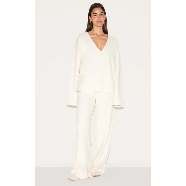 Crème Cardigan Côtelé Brossé Épais À Col V Et Boutons