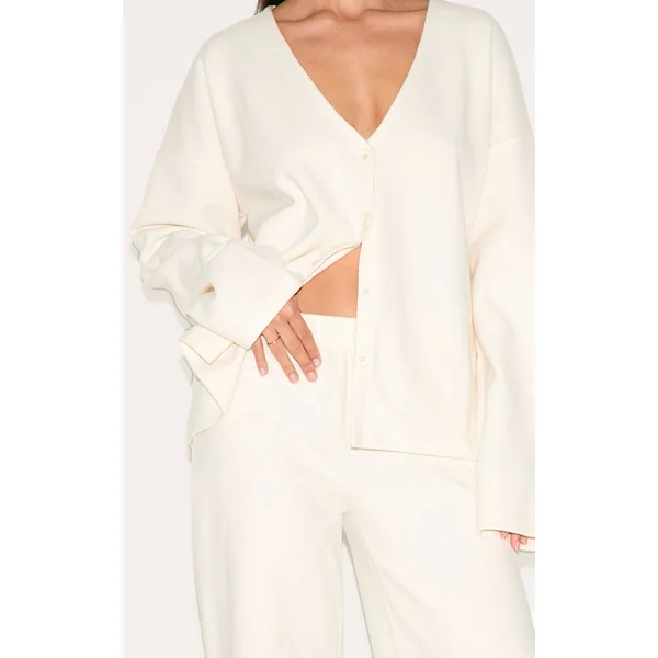 Crème Cardigan Côtelé Brossé Épais À Col V Et Boutons