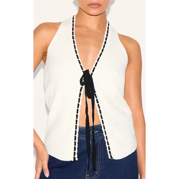 Crème Cardigan Petite En Maille Avec Nœud Sur Le Devant