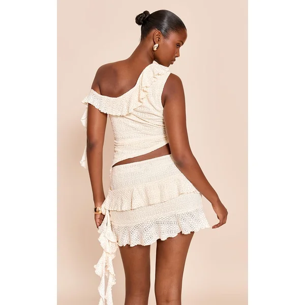 Crème Ensemble Mini-jupe En Dentelle À Détail Volants