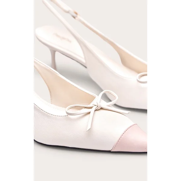 Crème Escarpin Slingback À Talon Chaton En Synthétiquecuir Avec Bout Contrasté