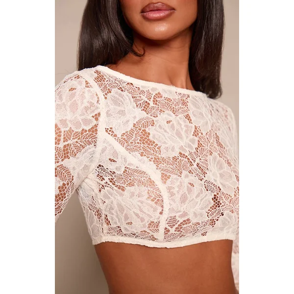 Crème Haut Court En Dentelle Florale Transparente Avec Dos Ouvert À Nouer Coordonné Petite